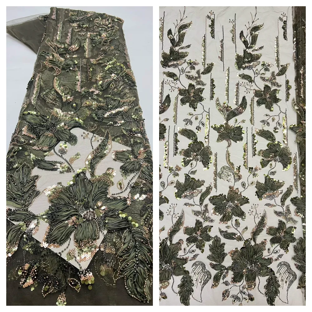 

2026 Fashion Elegant French Embroidery Mesh Beaded Lace Fabric African Nigerian Sequin Fabric For Wedding Dress