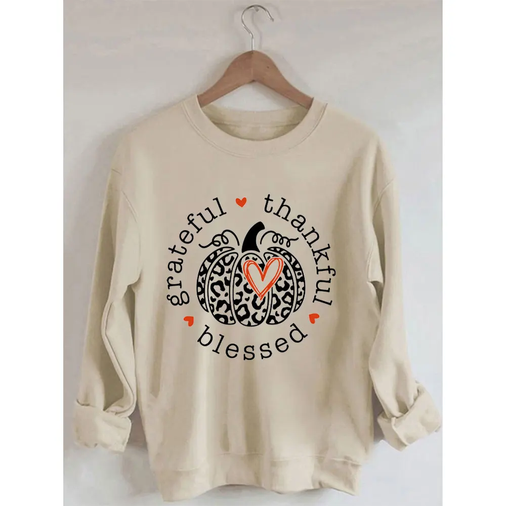 Rheaclots Grateful Thankful Blessed Print Women's Cotton Female Cute Long Sleeves Sweatshirt