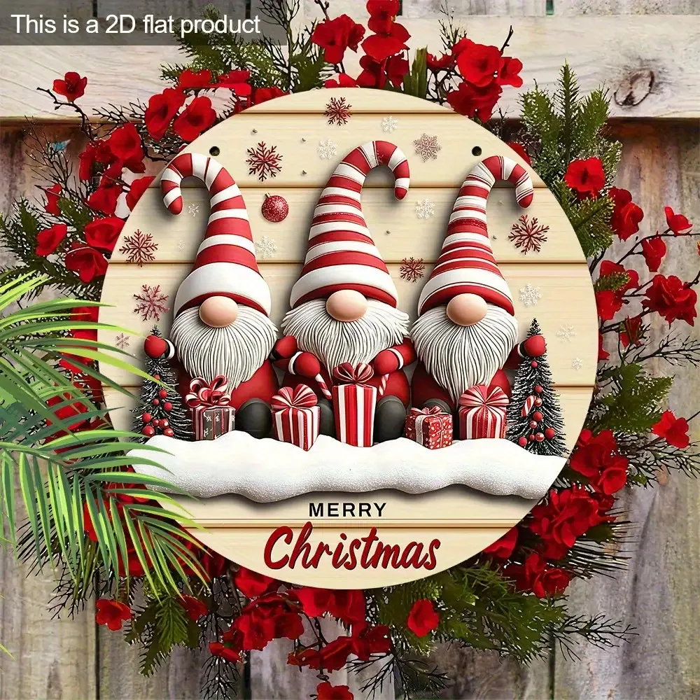2D Flat, 2D Flat 2D Flat Artificial Regenerated Wood Christmas Elf Ornament - 3 Santa Claus, Red Poinsettia & Snowflakes, Joyful