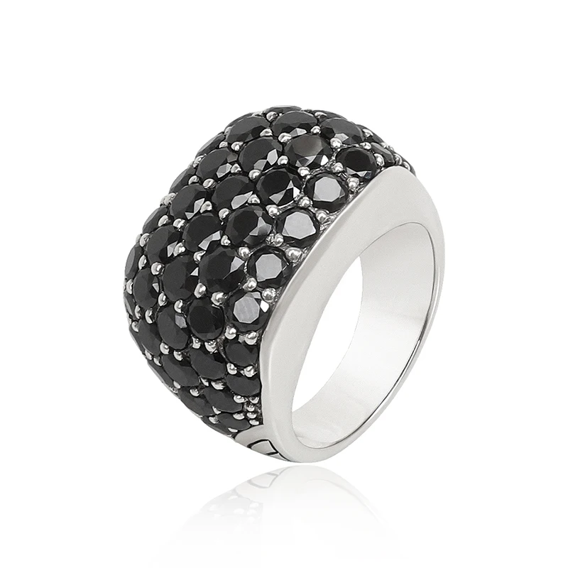 

Solid 925 Sterling Silver Signet Ring with Rhodium Plating Luxury 18mm Width Pave Setting with Black Cubic Zirconia Ring Jewelry