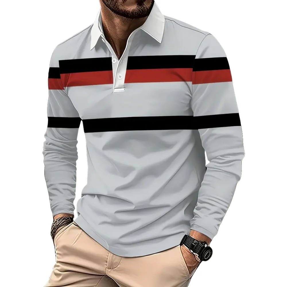 Vintage Stripe Print Mens Polo Shirts Fashion Lapel Golf Wear Men\'s T-Shirt Tops Street Sports Long Sleeve T Shirt Men Clothes