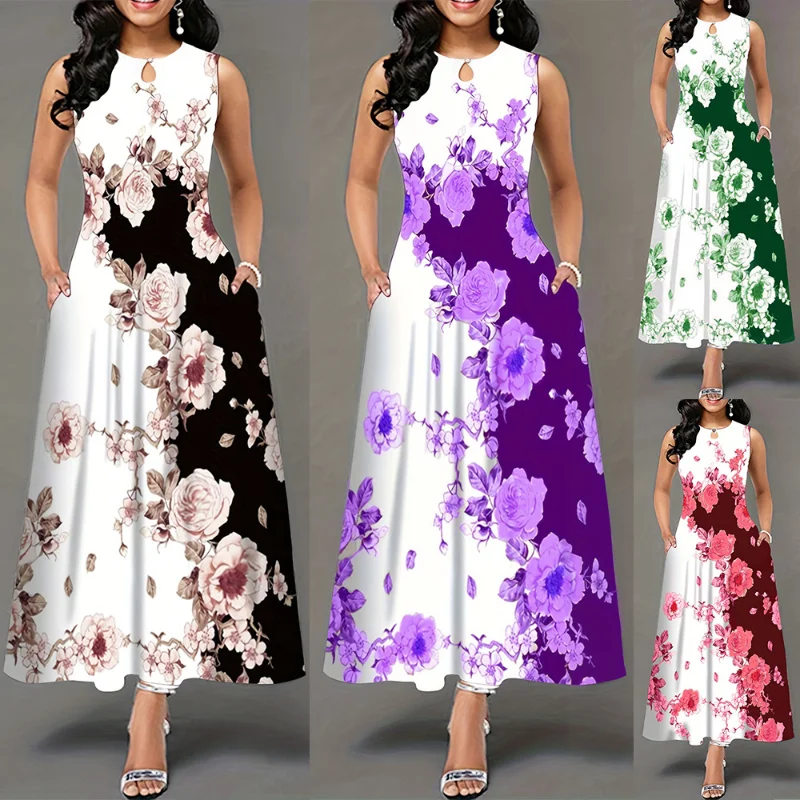 

2023 New Dress for Women Sexy Dress Sleeveless Round Neck Party Vacation A-Line Ankle Skirts Casual Elegant Floral Midi Dress