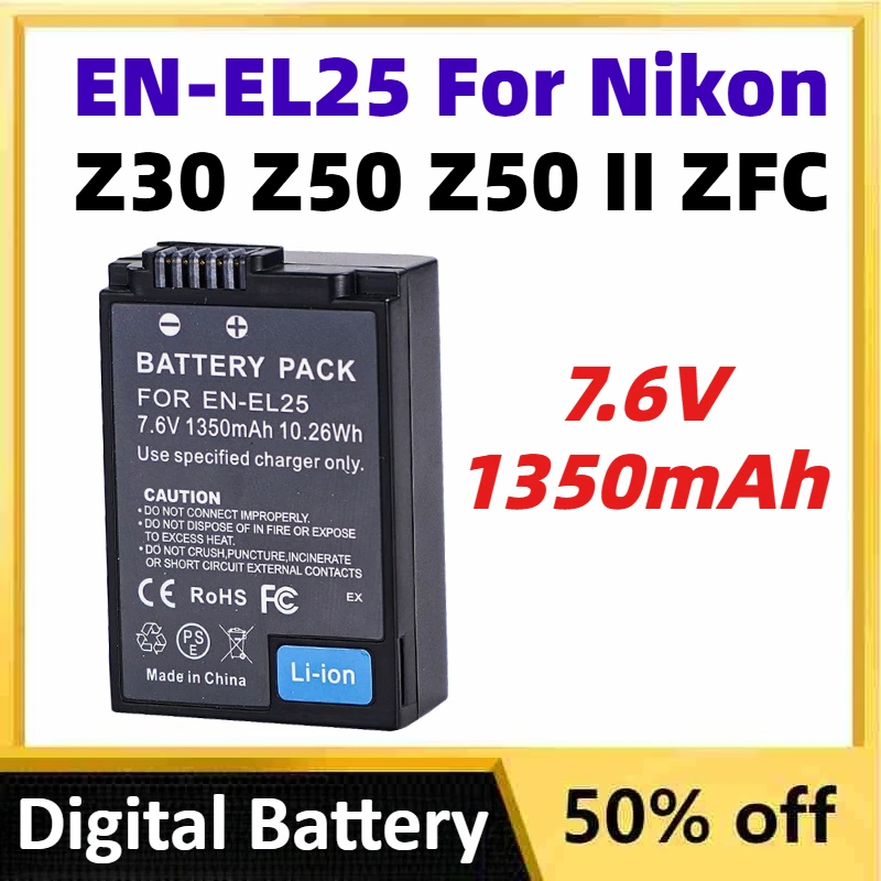 

New 7.6V 1350mAh EN-EL25 Li-lon Digital Battery for Nikon Z30 Z50 Z50 II ZFC Camera Accessories High Capacity Batteries