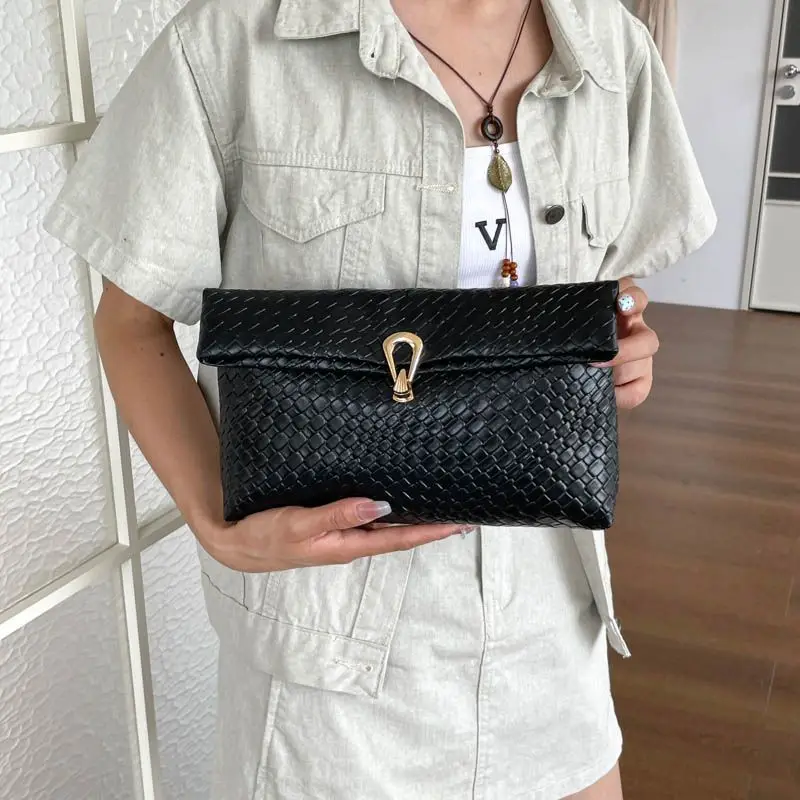 Women's Woven Texture PU Clutch Envelope Bag Black Metal Buckle Large Capacity Chic Trendy Fashion  Purses and Handbags - view 5