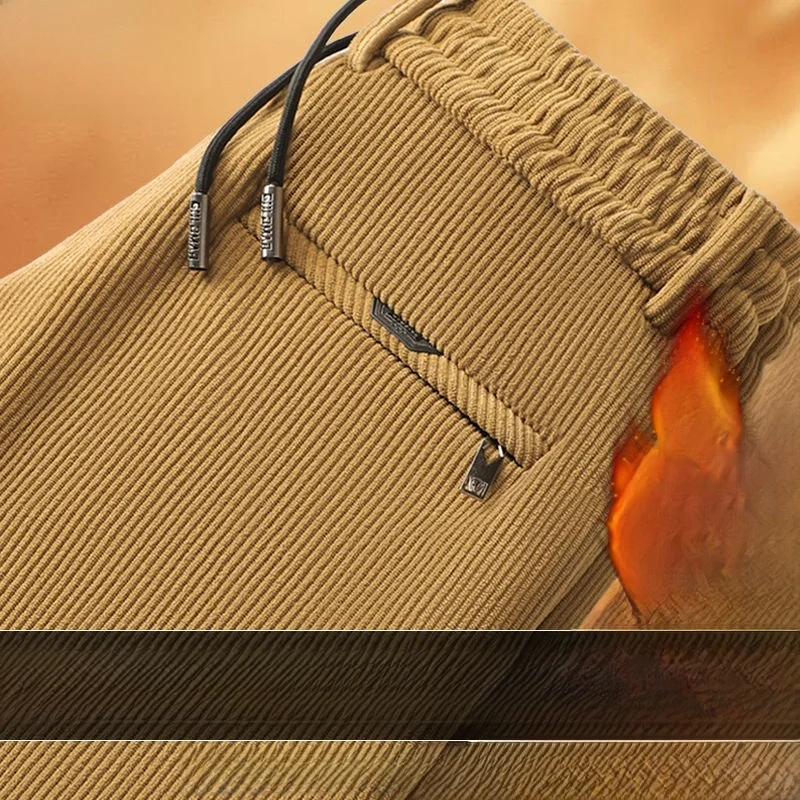 

Men's Autumn Winter Fleece Lined Thickened Loose Business Casual Pants mid Waist Straight Leg Polyester Fiber Warm Fashionable