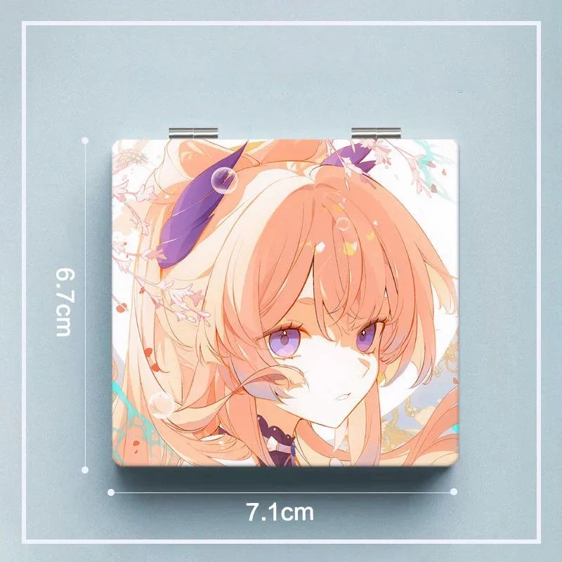 6x7cm genshin impacto dobrável dupla face espelho de maquiagem portátil viagem mini bolso luz anime bonito meninas crianças ampliação