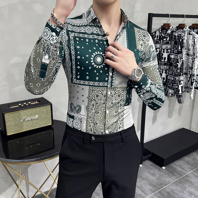 Plus Size 6XL-M New Digital Printing Shirts Fashion Men Long Sleeve Social Party Clothes Mens Brand Casual Business Green Shirts