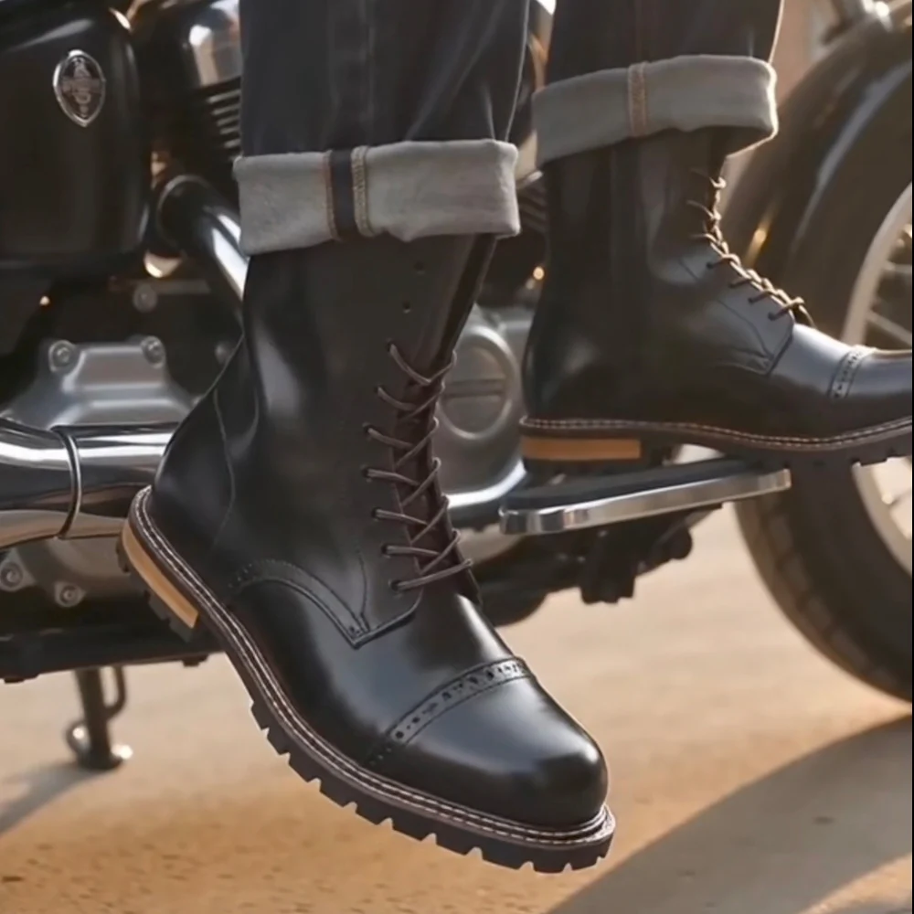 Men's Cow Genuine Leather Retro High Round Toe Mid-Calf Motorcycle Boots High top Brogue Shoes Western Chelsea Riding Boots