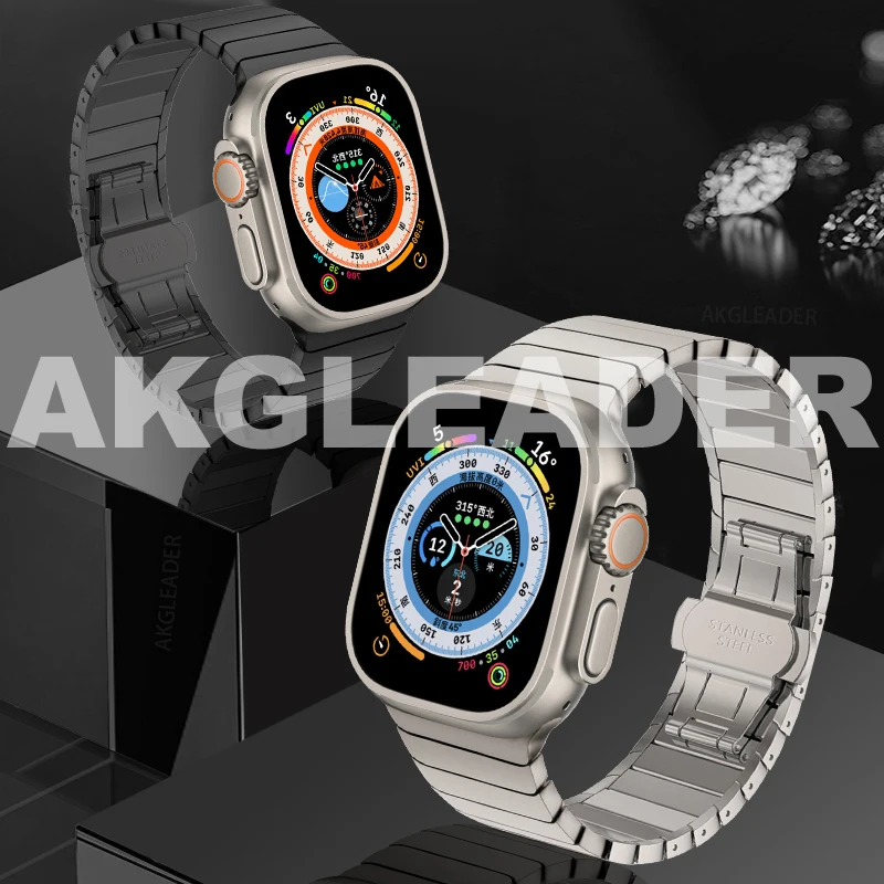 AKGLEADER Stainless Steel Titanium color butterfly Strap for Apple Watch 8 ultra 49mm Watchband for iWatch Series 7 6 5 Bracelet