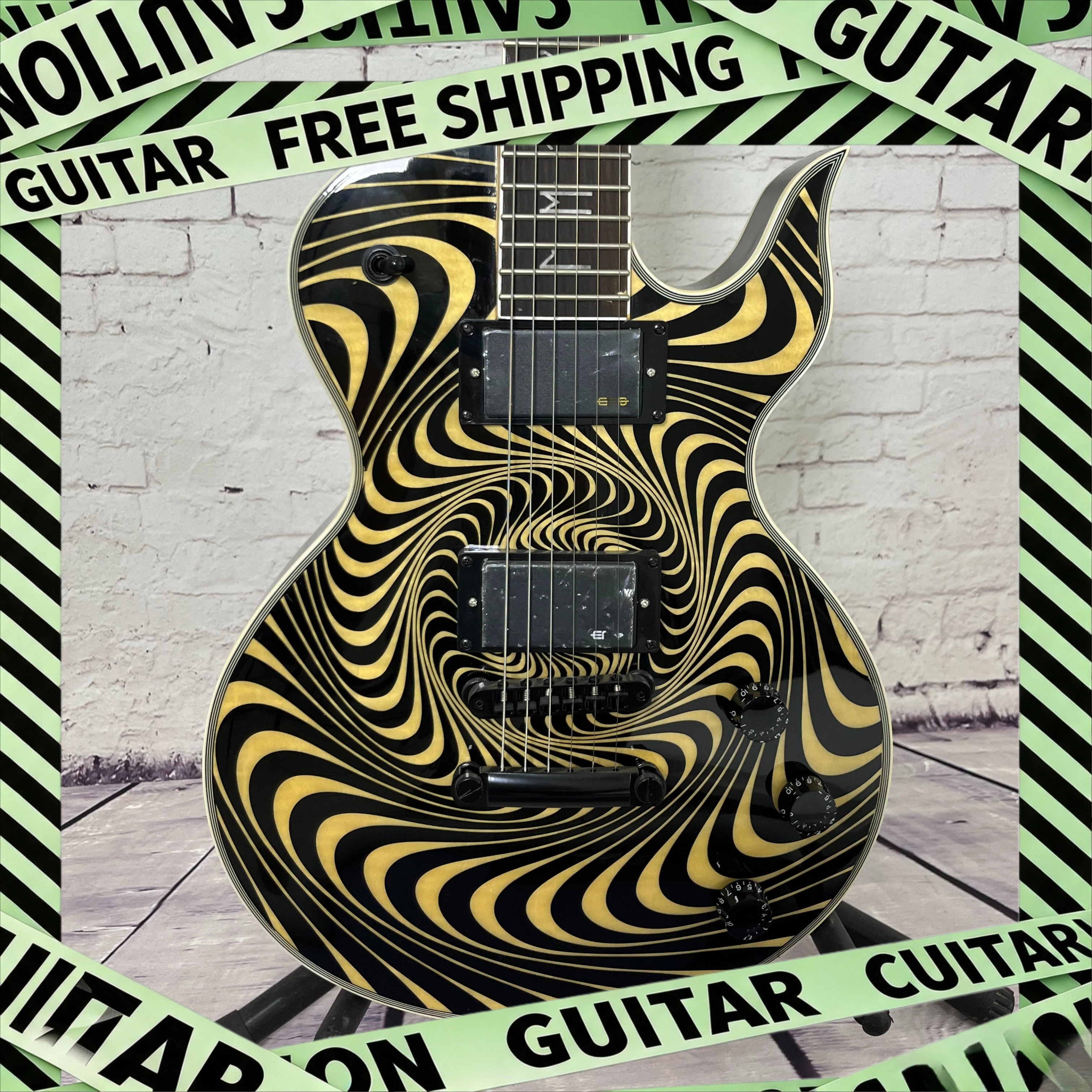 Customized Shaped Electric Guitar Black Gold Vortex Printing, Dual High-power Pickups Matte Black Hardware Heavy Metal Rock