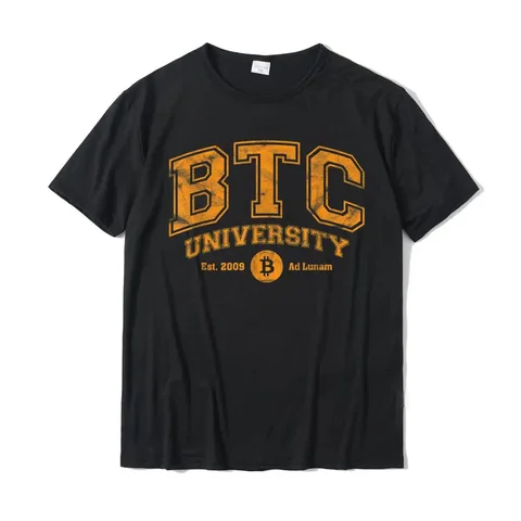 BTC University To The Moon Funny Distressed Bitcoin College T-Shirt Fitted Normal T Shirts Cotton Mens Tees Custom Streetwear