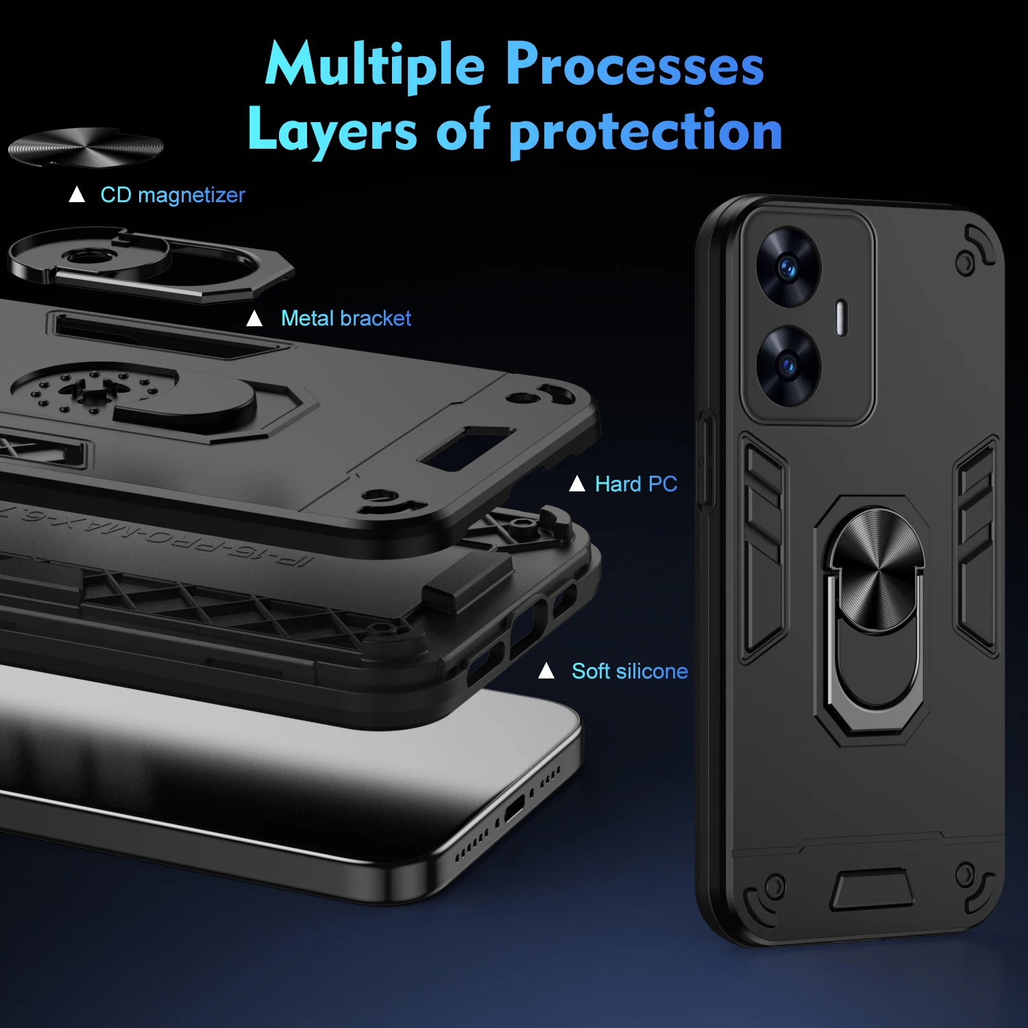 

Case for Oppo Realme C55 Armor Shockproof Car Magnetic Ring Holder Hard Luxury Phone Cover OppoRealmeC55 RMX3710 Coque L0