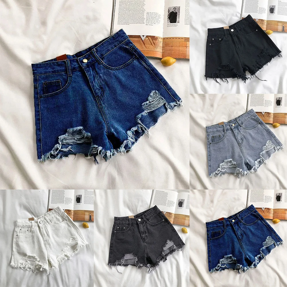 Pantalon short bleu clair ample microélasticité déchiré short polyvalent blanc pantalon large femme noir noir gris