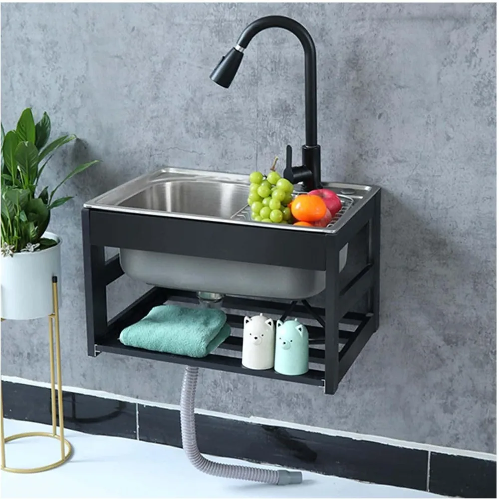 

Настенная раковина коммерческого класса с одной чашей из нержавеющей стали и смесителем для мытья