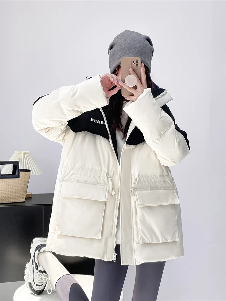 Down Jacket Women\'s New Fashion Hooded Thickened Korean Winter Warm Long Sleeve Loose White Duck Down Coat Chaqueta Mujer