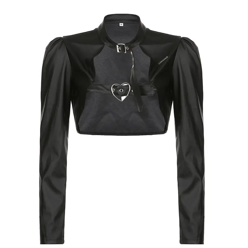 

Y2k Street Pu Leather Crop Top Buckle Long Sleeve Super Short Leather Coat