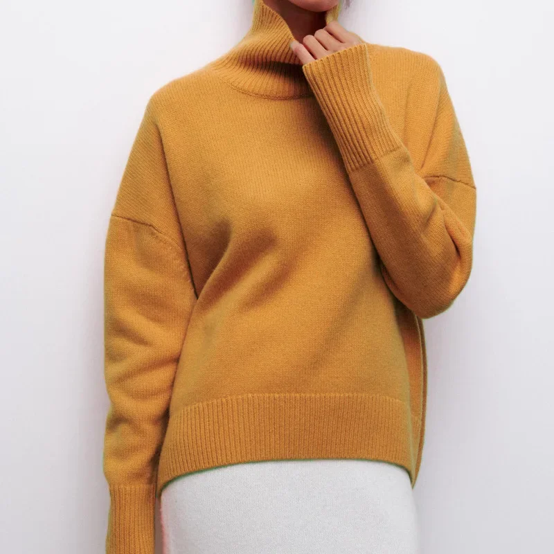 

Knitted Pullover Loose Sweater Solid Loose Casual Trend Women Turtleneck Sweater Drop-Shoulder Long-Sleeve Sweater Pullovers