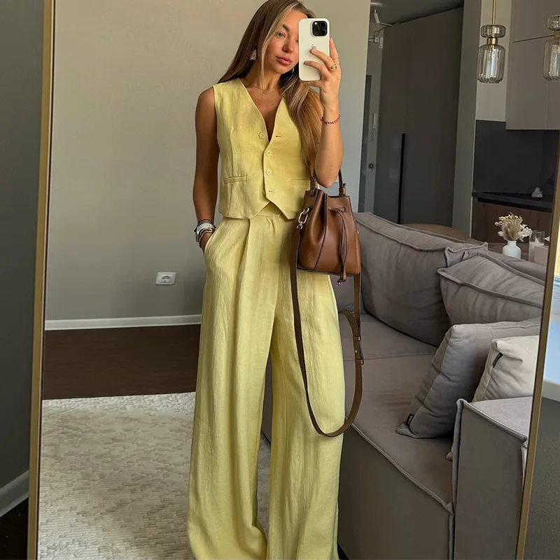 

2025 Summer New Women's Two Piece Set Simple Temperament Vest High Waist Wide Leg Pants Casual Set