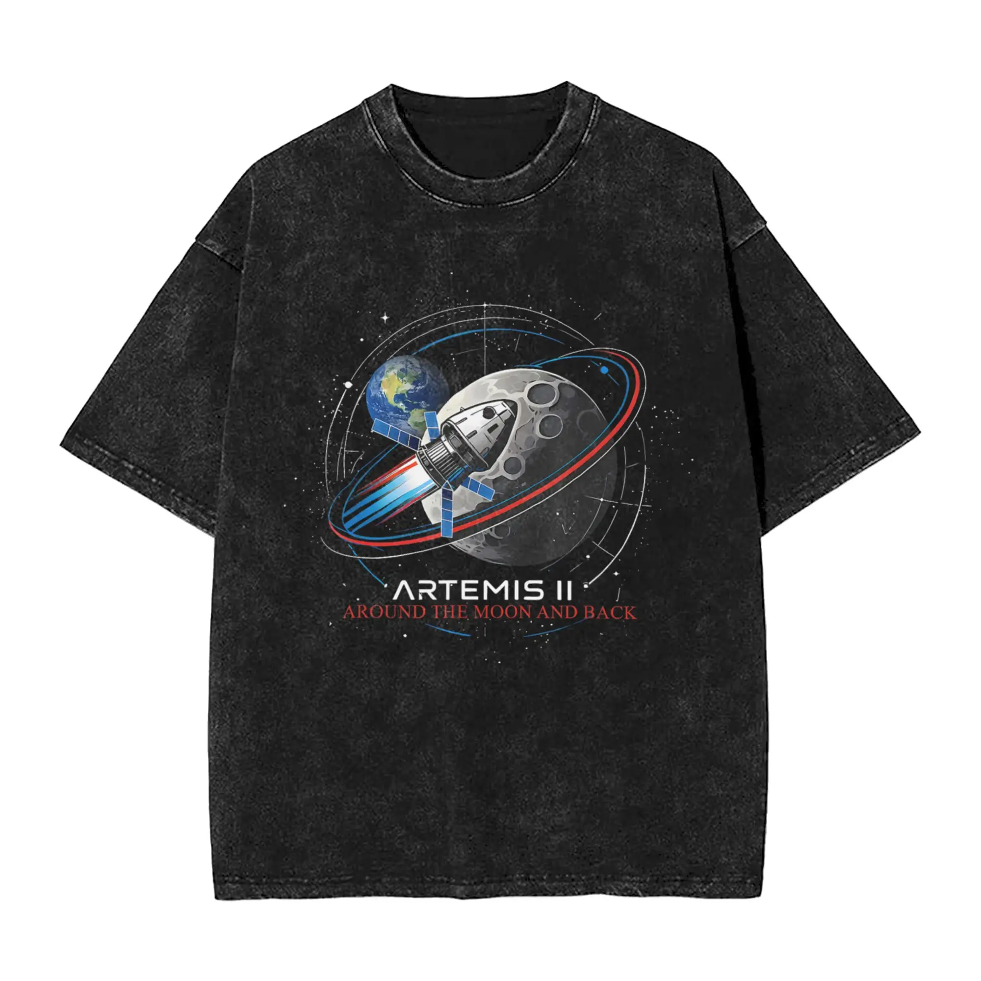 Artemis II Around The Moon and Back Astronaut Explorer Washed T Shirt Streetwear Hip Hop Retro T-Shirts  Tees Oversize Printed