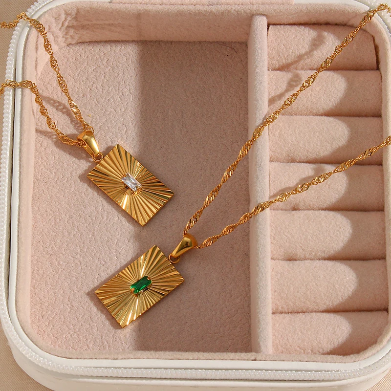 

PRISCA | Elegant Stainless Steel Geometric Pendant Necklace Women Zicron Charm Jewelry 18k Gold Waterproof
