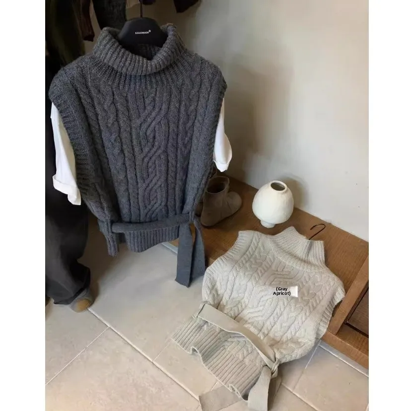 Gilet lavorato a maglia da donna Collo alto Vita stretta con cintura Svel Top Retro Sle Versatile Autunno Inverno Nuovo arrivo