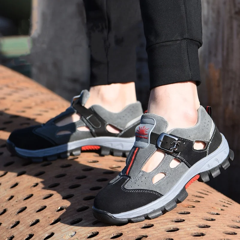 mens casual breathable steel toe caps working safety shoes worker security boots cow suede leather safe sandals protect footwear