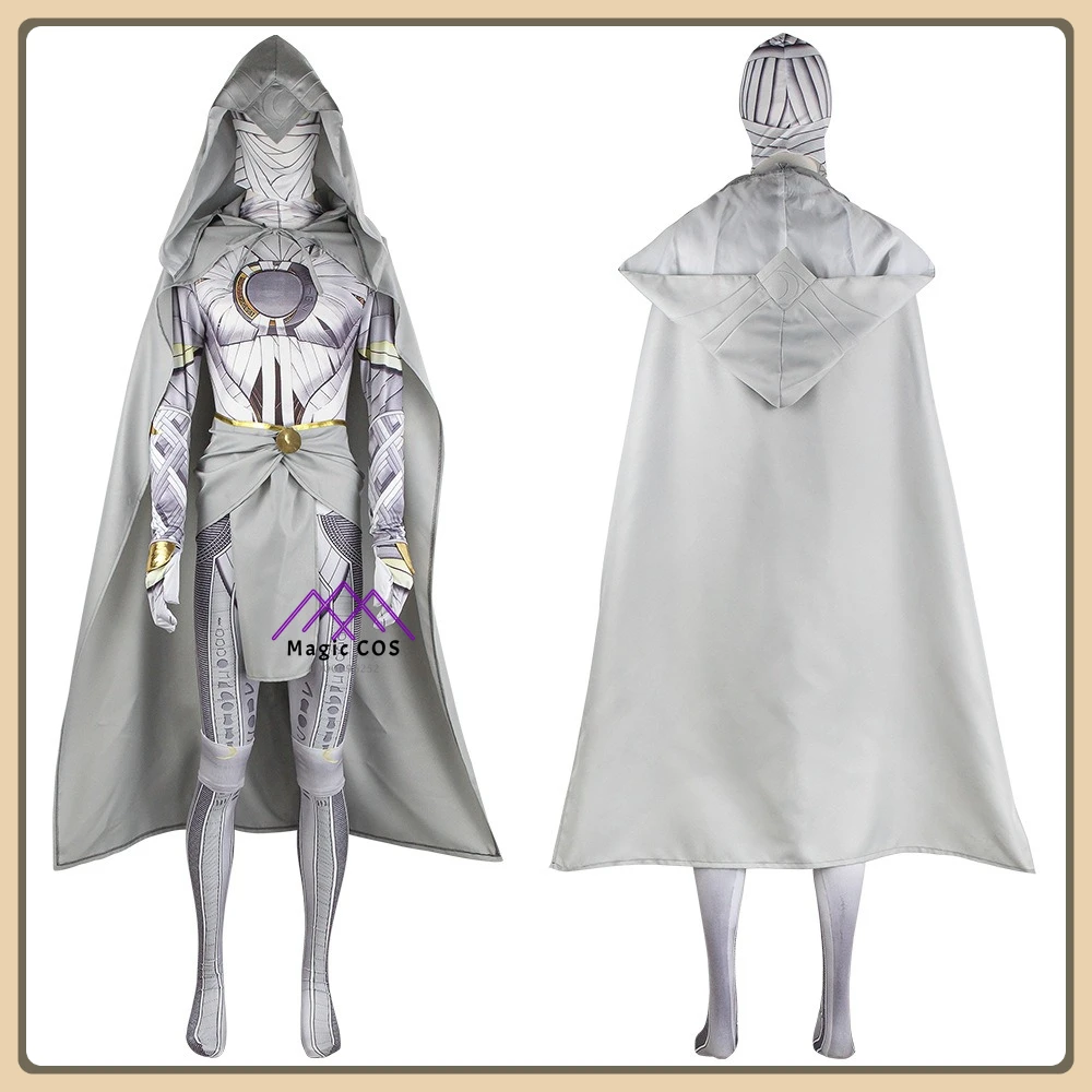 

Popular Movie Character Moon Knight Cosplay Costume Fashion Silver Suit Cape Jumpsuit Mask Full Set Halloween Party Suit (Adult)