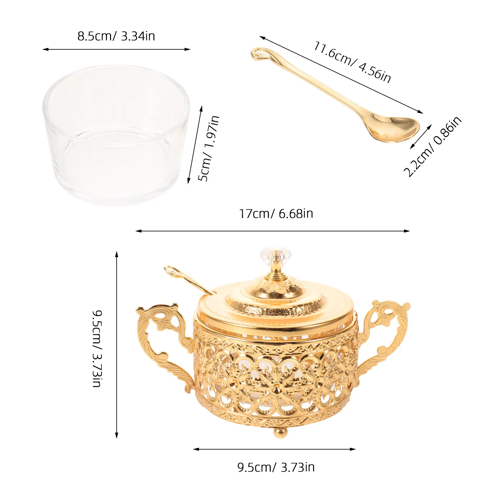 Lidded Sugar Bowl Turkish Design Wrought Iron Style Filigree Holder Clear Glass Jar for Condiments Spice Honey Jam Candy