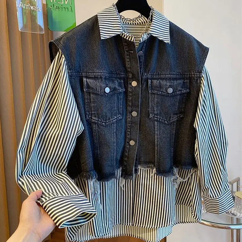 Koreaanse Losse Gestreepte Shirt Nep Twee Stukken Lente Herfst Vintage Denim Gesplitst Dameskleding Casual Single-Breasted Blouse