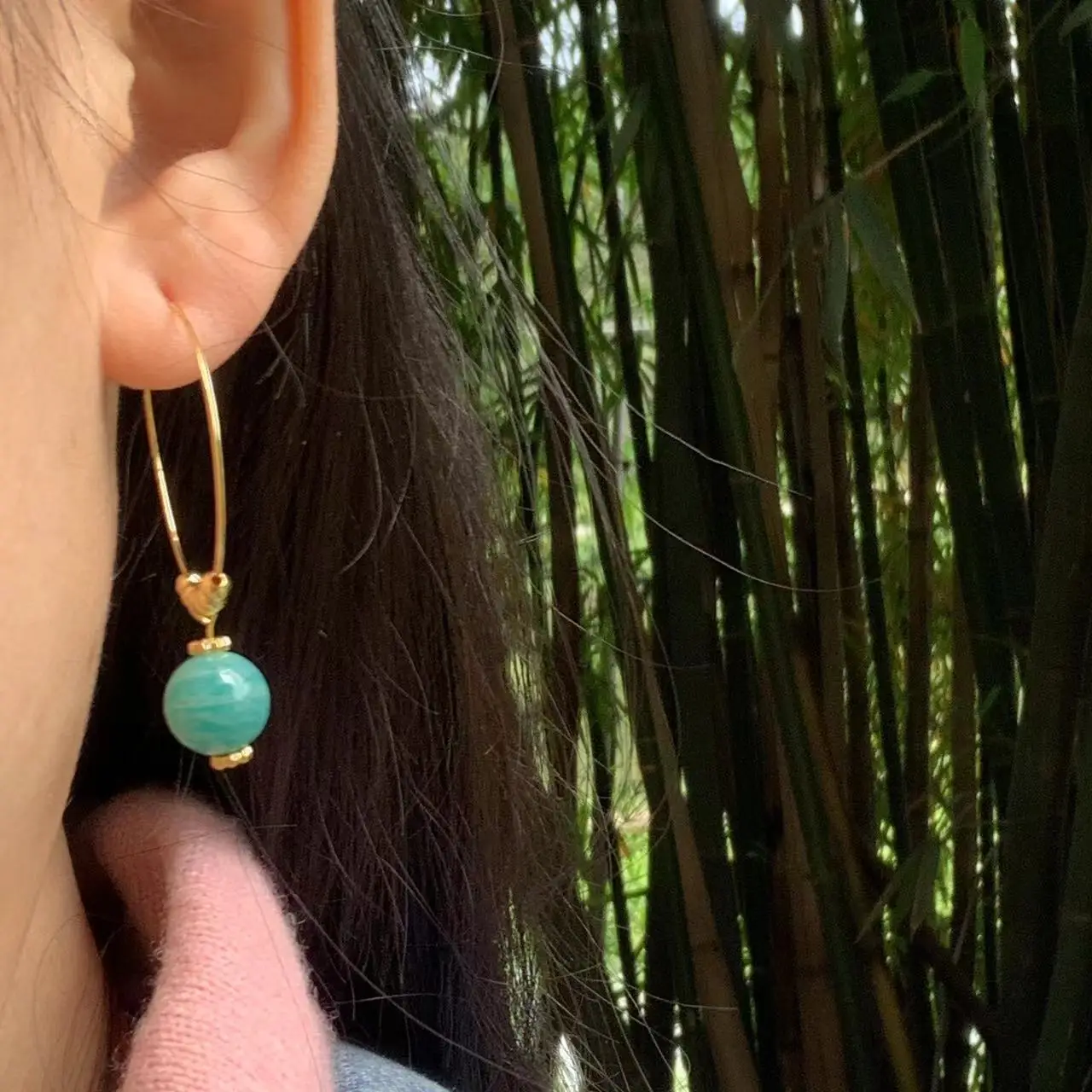 HEYYA STONE Natural Amazonite Hoop Earrings Simple Classic Round Circle Gemstone Jewelry Handmade 14K GOLD exclusive