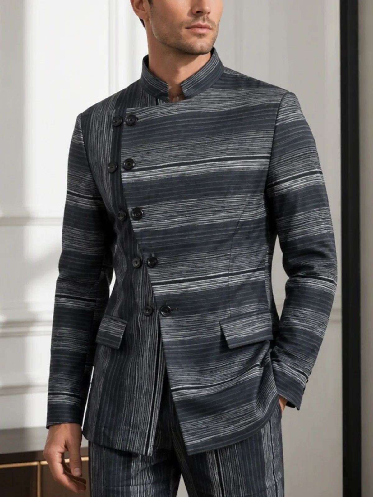 Men's Striped 2 Piece Suit Stand Collar Double Breasted Slim Fit Casual Business Wedding Blazer Pants Set Formal Party Outfit