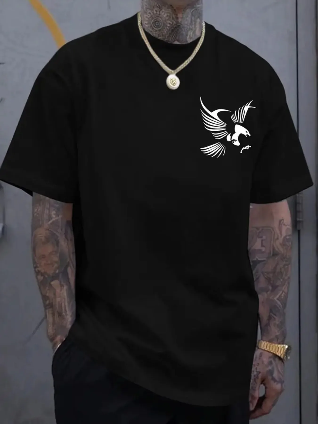 Camiseta de Hombre 100% Algodón, Casual, Cómoda, de Verano, con Diseño de Tatuaje de Águila, Ropa Moderna con Estampado Gráfico de Águila