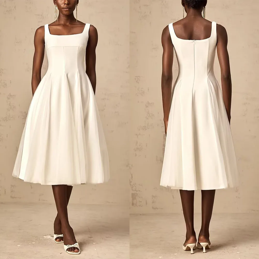 Customized Square Collar Knee Length A-line White Long Dresses Woman Formal Evening Gowns مصممات سعوديات سهره Sharon Said Dress