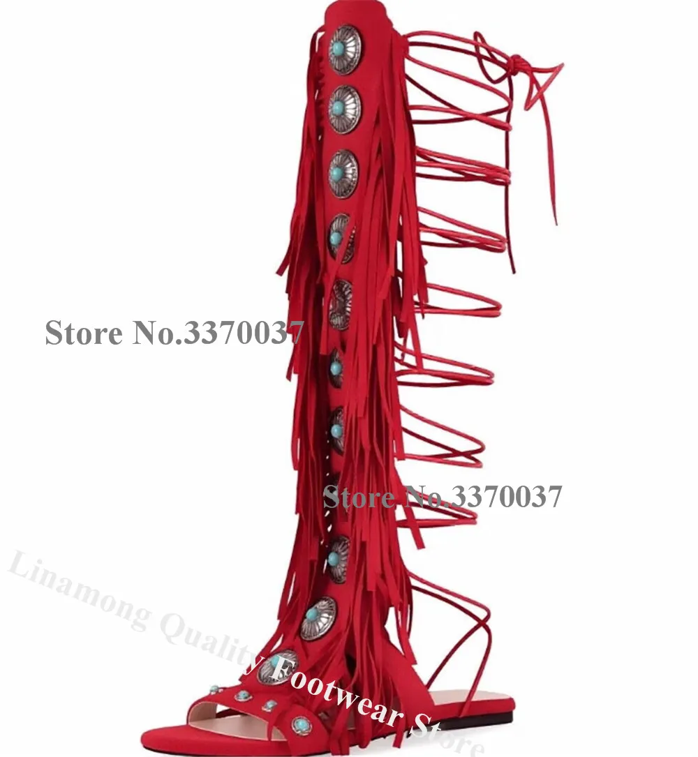Linamong Red Brown Black Suede Tassels Rhinestones Flat Gladiator Boots Open Toe Lace-up Fringes Long Sandals view 3