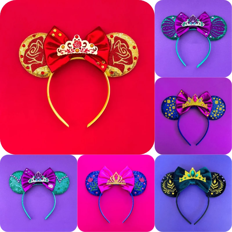 

Disney Cute Ears Headband For Women Crown Flowers New Hairband Girl Sequins Bow Mickey Mouse Hair Accessories Kids Birthday Gift