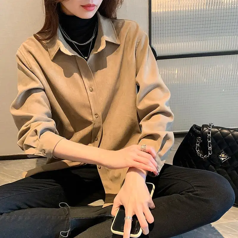 Long Sleeve Shirts Women Y2k Tops 4-Colors Loose Korean Fashion Office Lady Corduroy Harajuku Temper Vintage Chemise Femme Ins