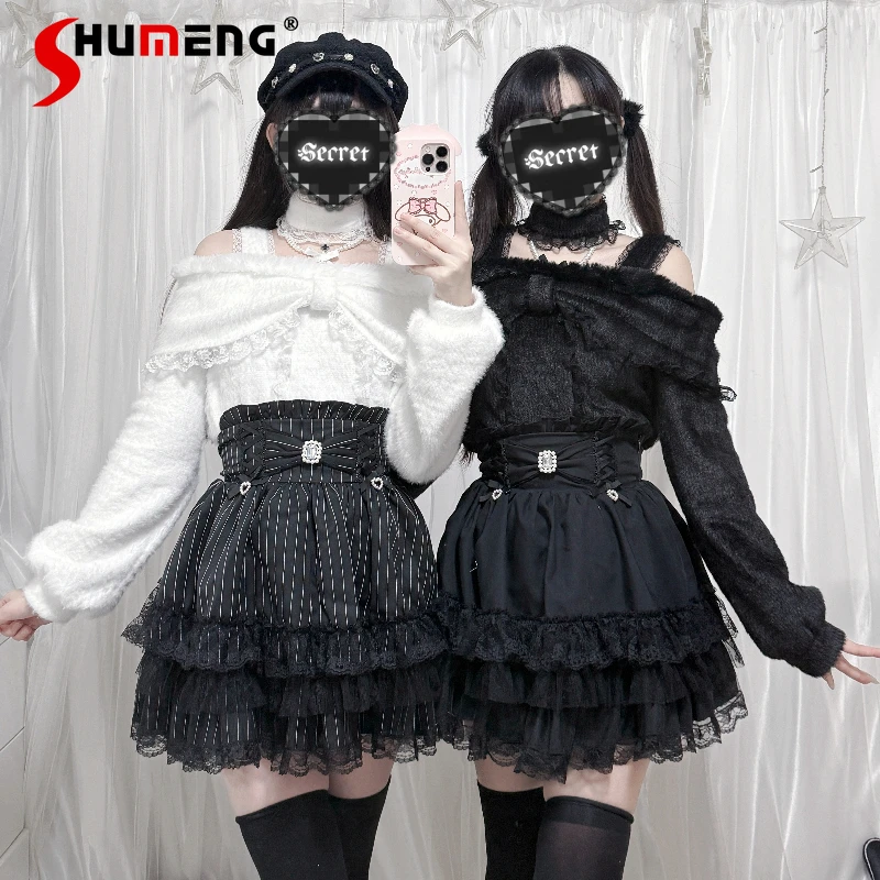 

Japanese Mine Mass-Produced Knitted Off-Shoulder Sweater Skirt Set Autumn Women's Slim Fit Elegant Lolita Knitted Top Y2k Skirt
