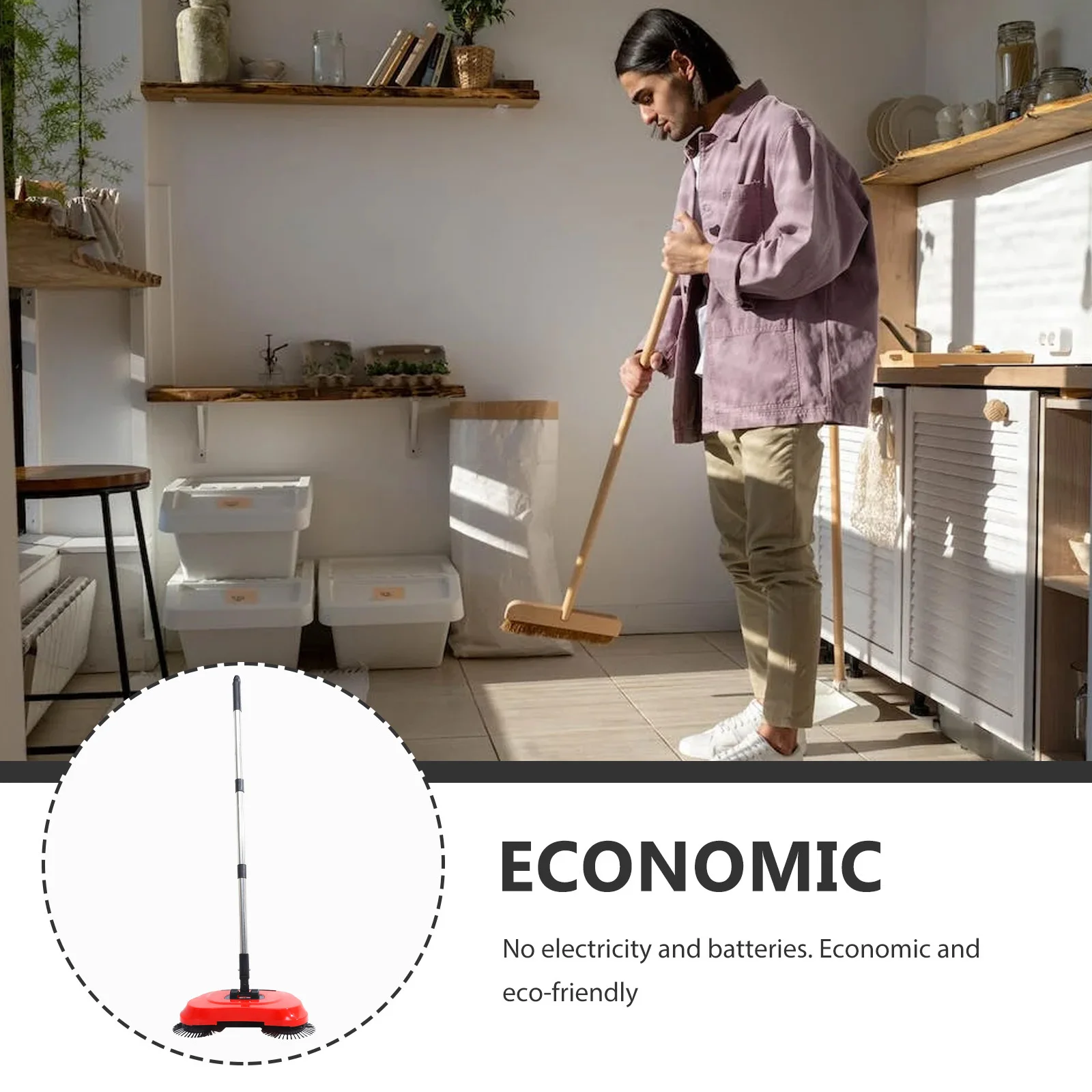 

Multi-Function 3 in 1 Hand Push Sweeper Broom Dustpan Trash Bin Rotating Floor Cleaning Mop Adjustable Handle Red