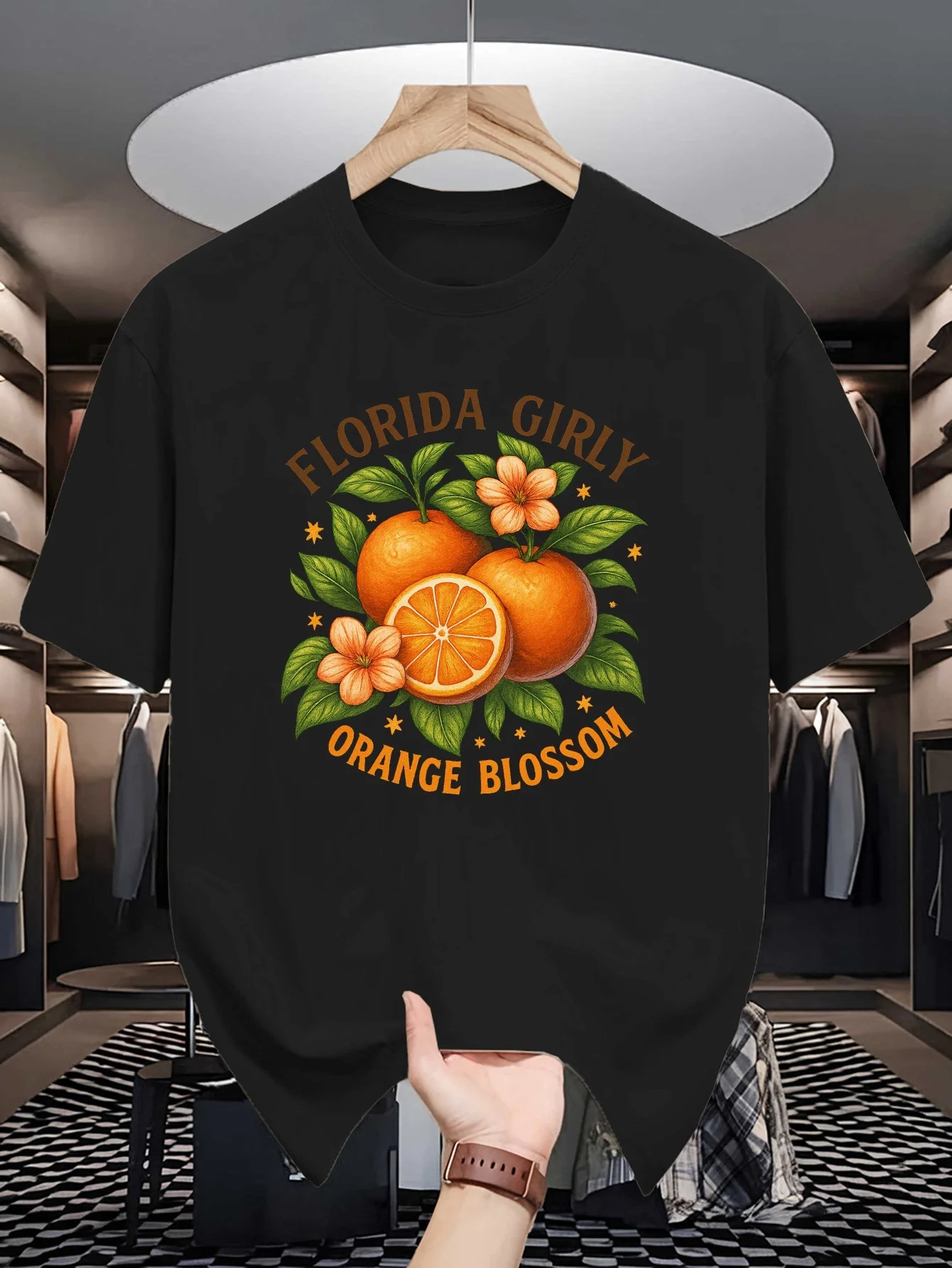 Men White Crew Neck Tee Florida Girly Orange Blossom Fresh Citrus Fruit Floral Star Retro Florida State Summer Casual Cotton Top