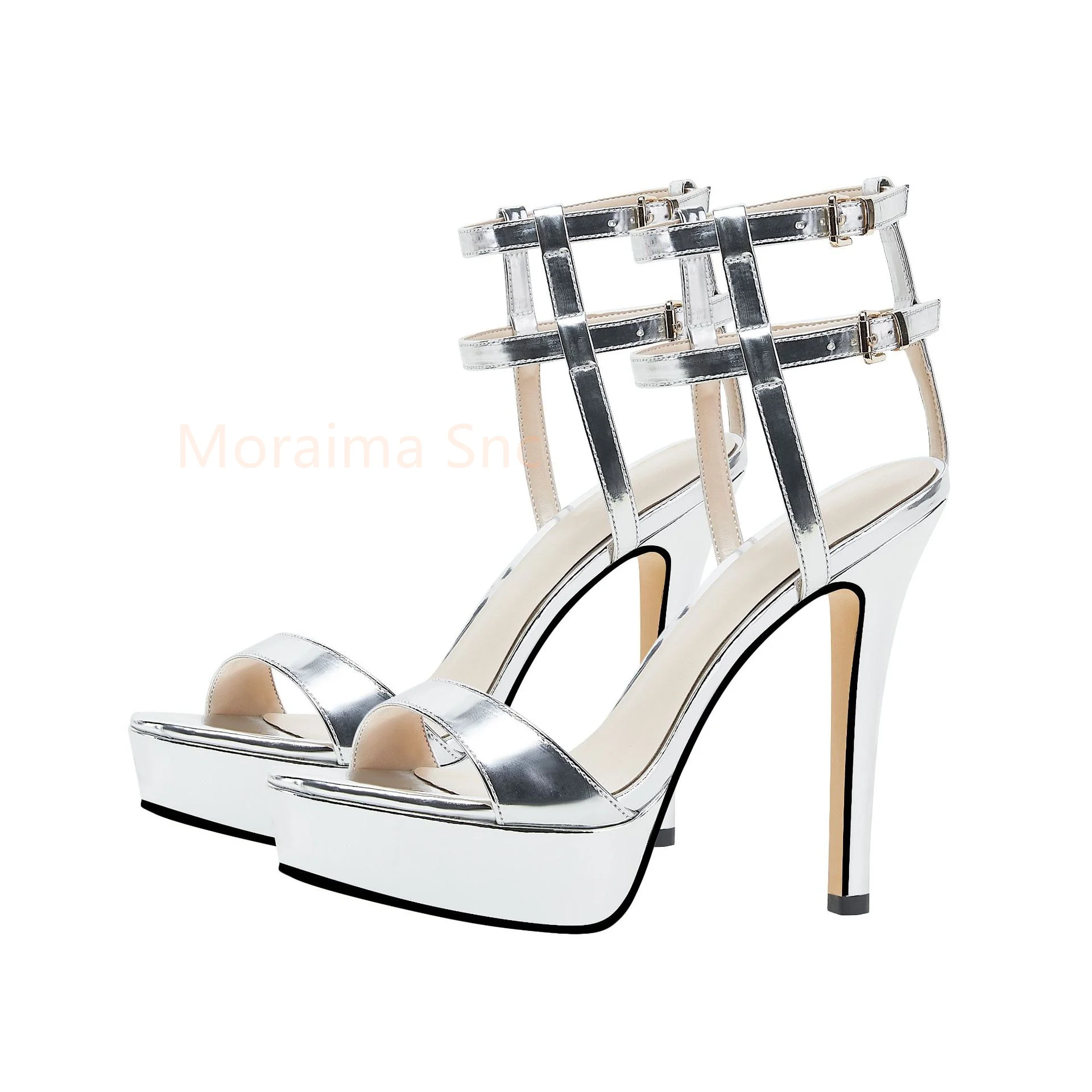 

The One Word Buckle Sandals Women Round Toe High Heeled 2023 Summer New Stiletto Platform Shoes Fashion Party Shoes