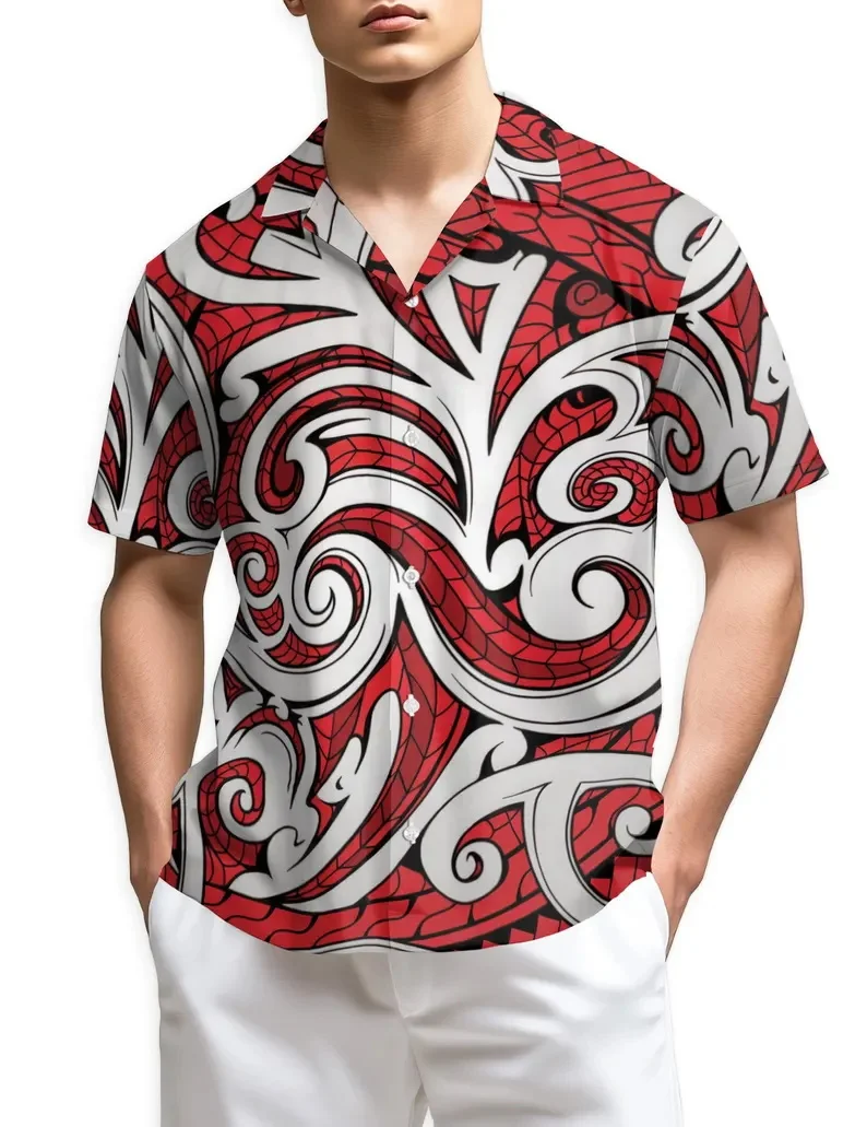 Maori Tribal Tattoo Print Beach Shirts Men's Beige Black Polynesian Pattern Short Sleeve Button Up Hawaiian Shirt Aloha Shirts