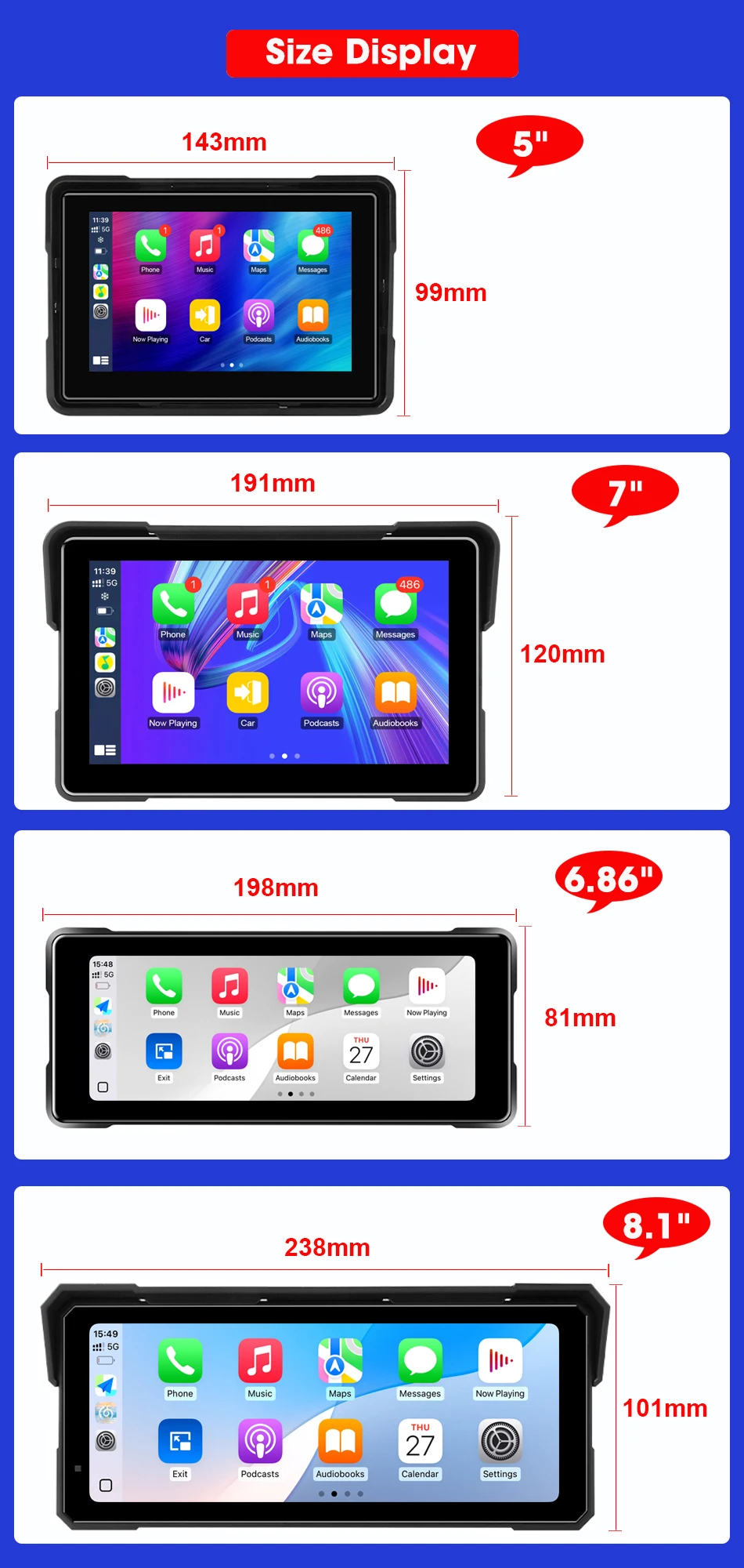 Srnubi 7 Zoll Motorrad DVR Tragbare Drahtlose CarPlay Android Auto bildschirm GPS Navigation AI Stimme Dual Bluetooth IP67 Wasserdicht – Detail 1