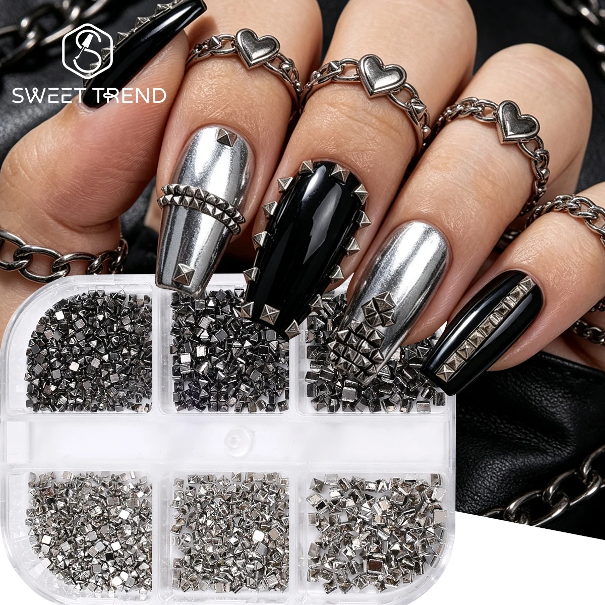 6 Gitter Dreieckige Pyramiden-Nieten Nagelcharms Spike Flachrückseite Schmuck Punk Gothic Halloween Party DIY Vintage Maniküre-Zubehör