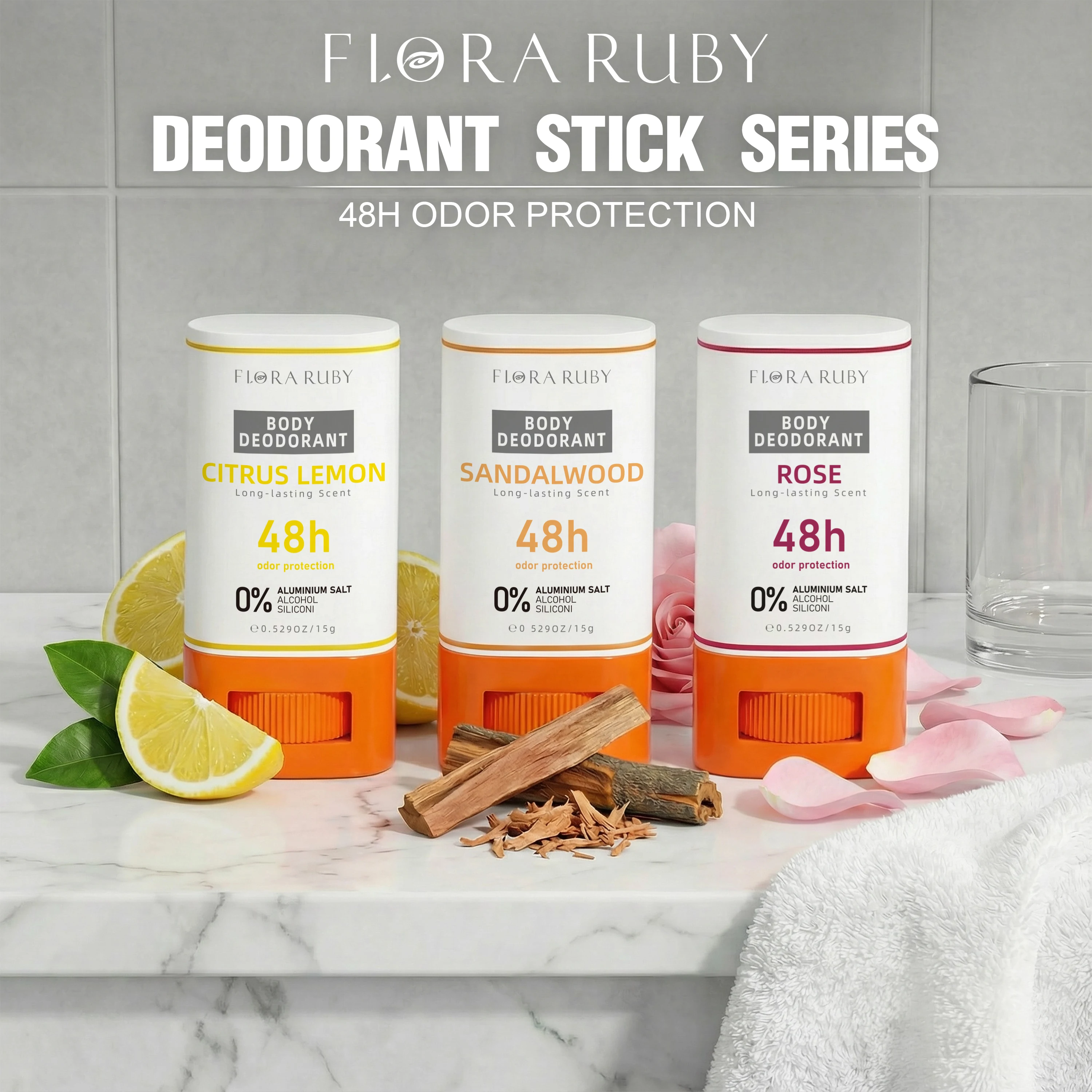 Flora Ruby 3-Pack Aluminum-Free Deodorant Sticks (15g Each) - 48H Odor Protection, Compact & Travel-Friendly