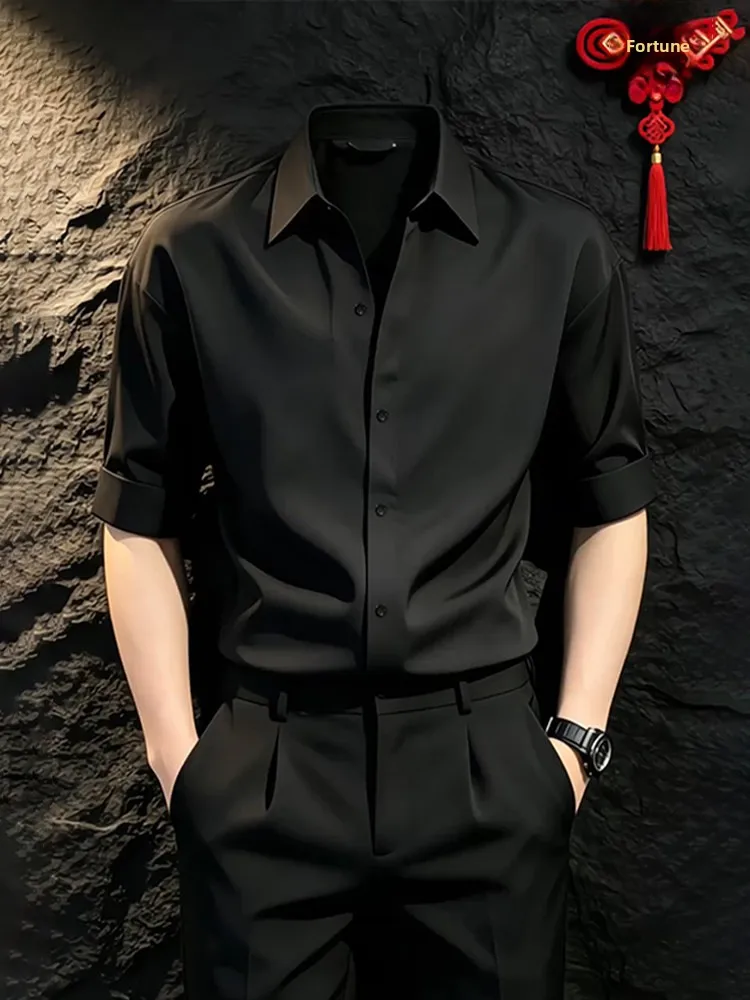 Black Ironless Anti-Wrinkle Ice Silk Short Sleeve Shirt Men's Summer Quick Dry Neapolitan Godfather Cool High-End Feeling Shirt