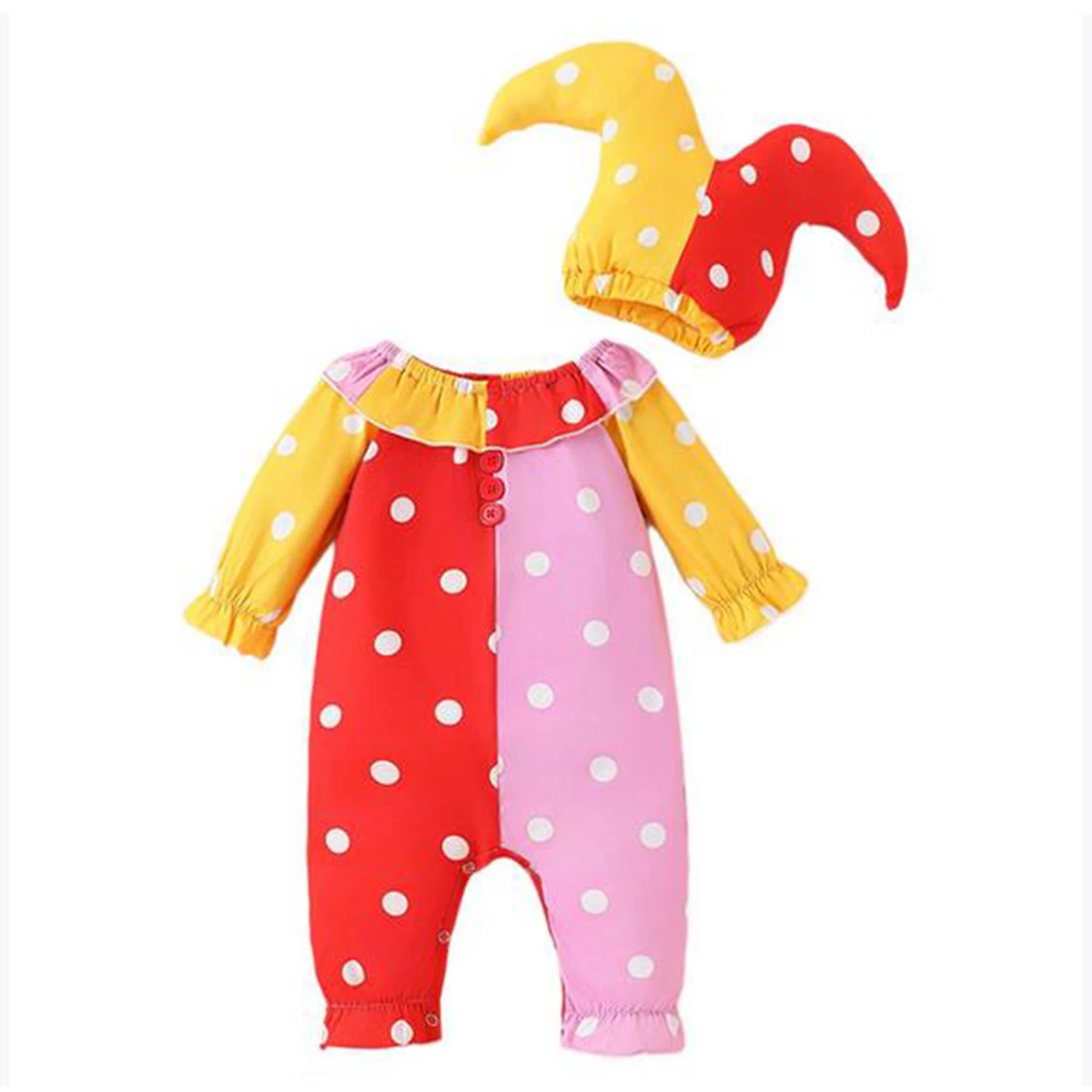 

Baby Girl Romper Halloween Clown Costume Long Sleeve Dots Print Jumpsuit with Hat Set
