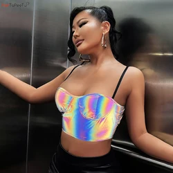 Reflective Colourful Tank Women Sexy Club Crop Top High Strecth Rainbow Camis 2023 Summer Tees with Spaghetti Strap Wholesale