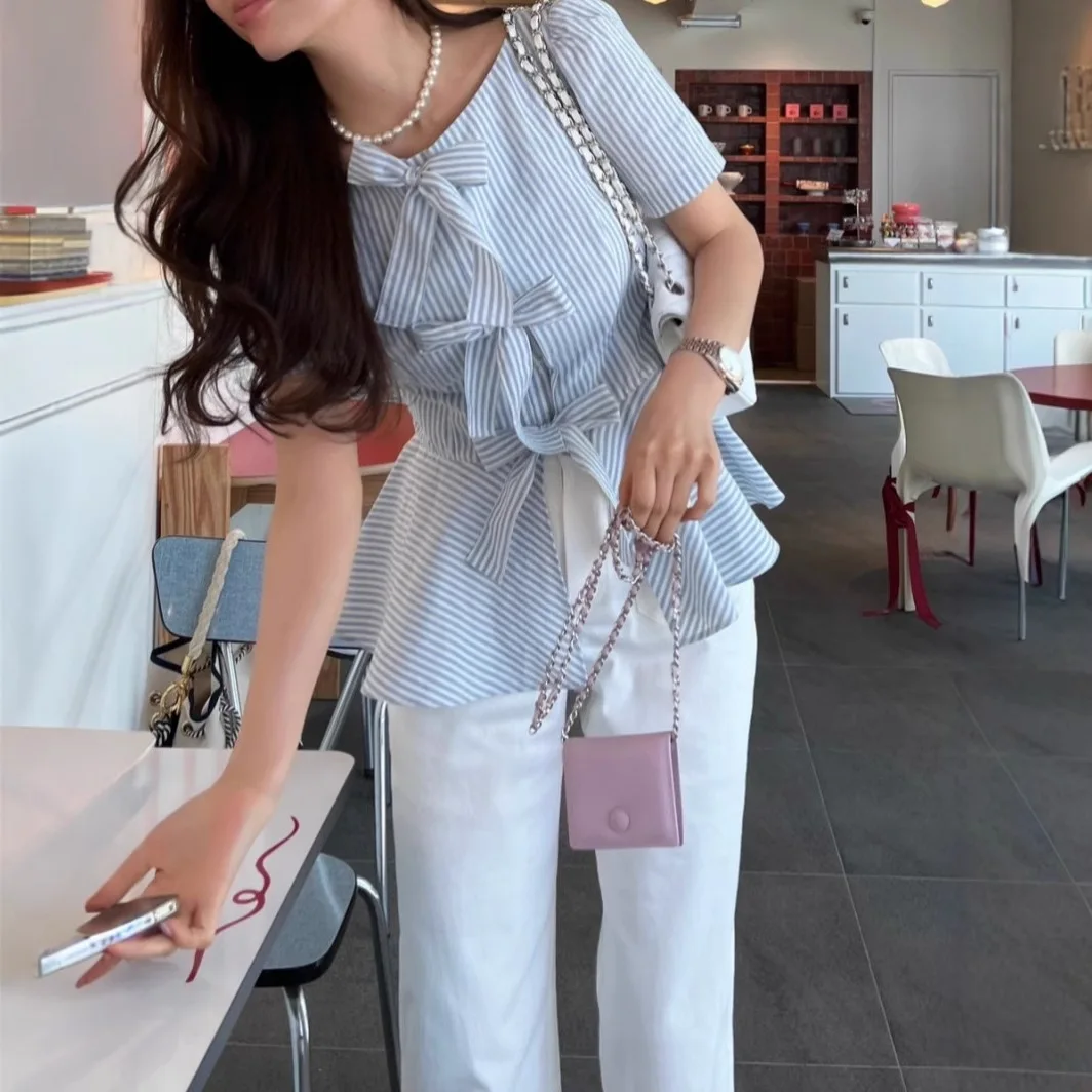 

Womens Top 2026 Spring New Korean Edition Simple Stripe Bow Waist Shirt Versatile and Fashionable Daily Style