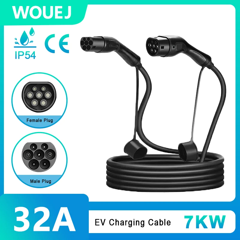 WOUEJ Type 2 7KW 32A 1 Phase 5M Charging Cable Electric Vehicle Cord for Station EVSE Female to Male Plug