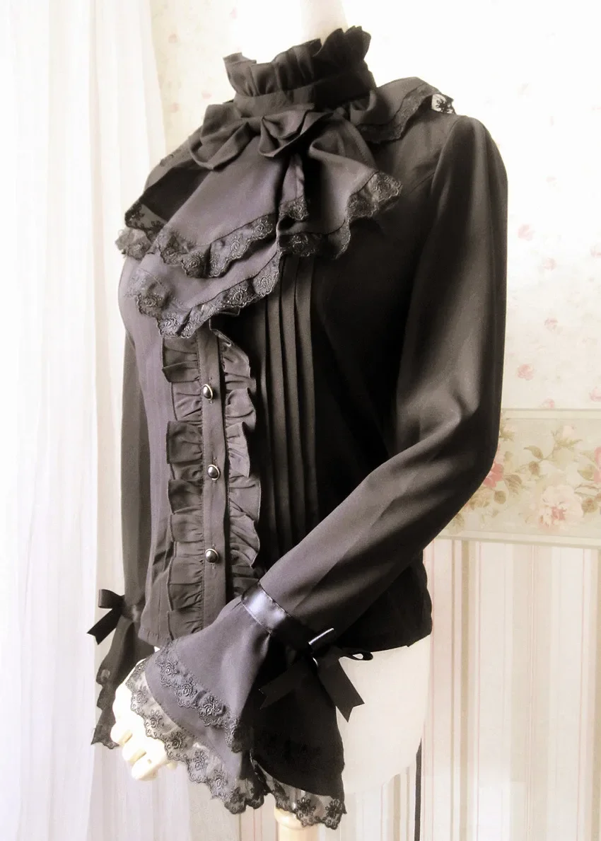 Women\'s Black Loita long sleeve collar slim chiffon shirt with flounces
